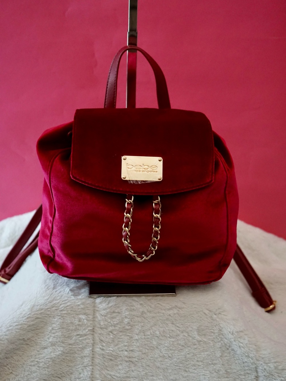 ⁠NWT Bebe Los Angeles Wine Red Velour Mini Backpack Gold Chain Detail Purse